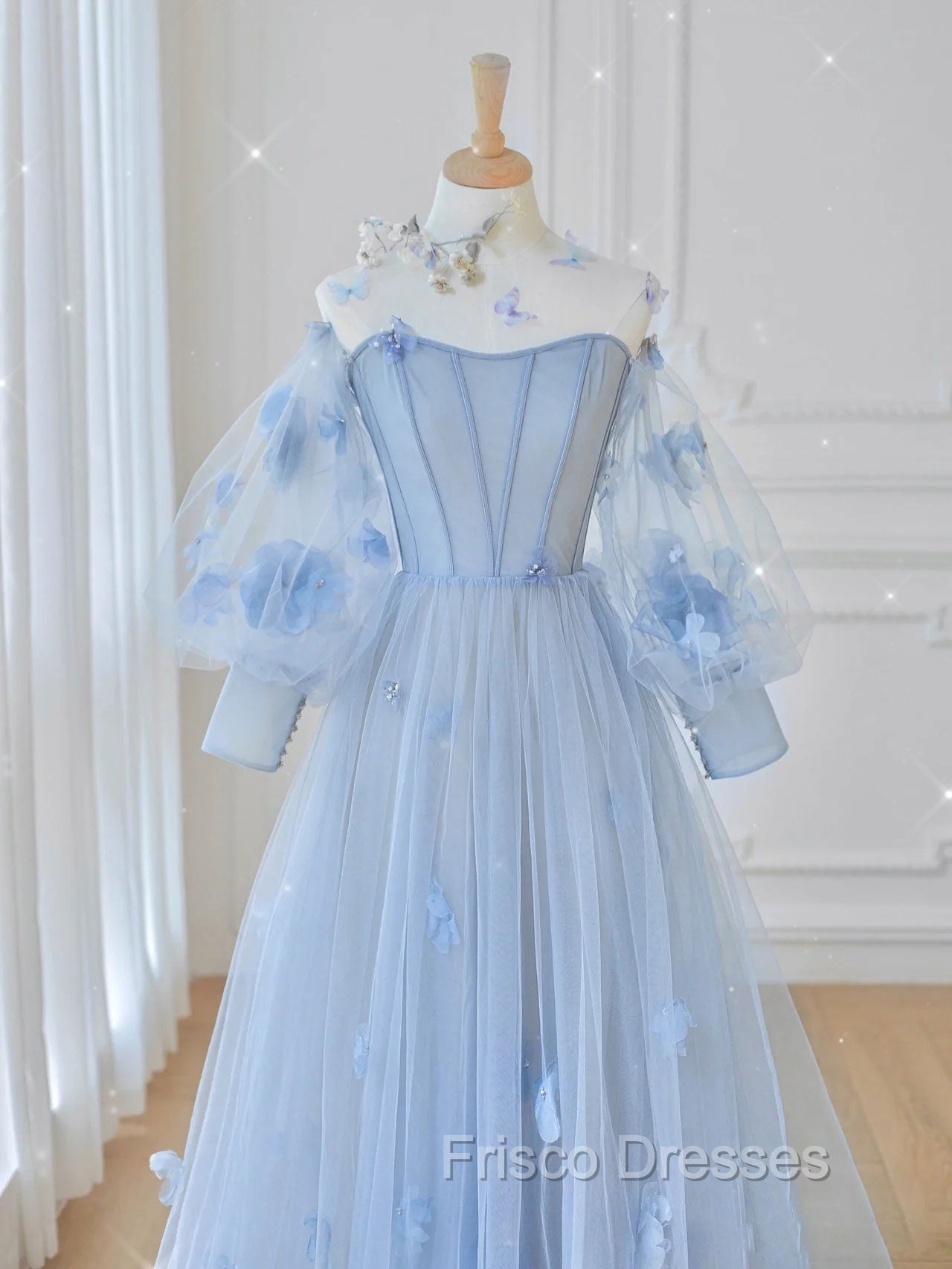 Blue Round Neck Tulle Lace Long Formal Prom Dress, Blue Tulle Evening Dress