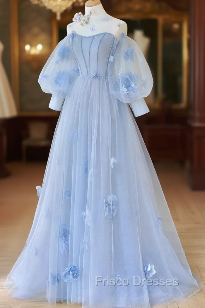 Blue Round Neck Tulle Lace Long Formal Prom Dress, Blue Tulle Evening Dress