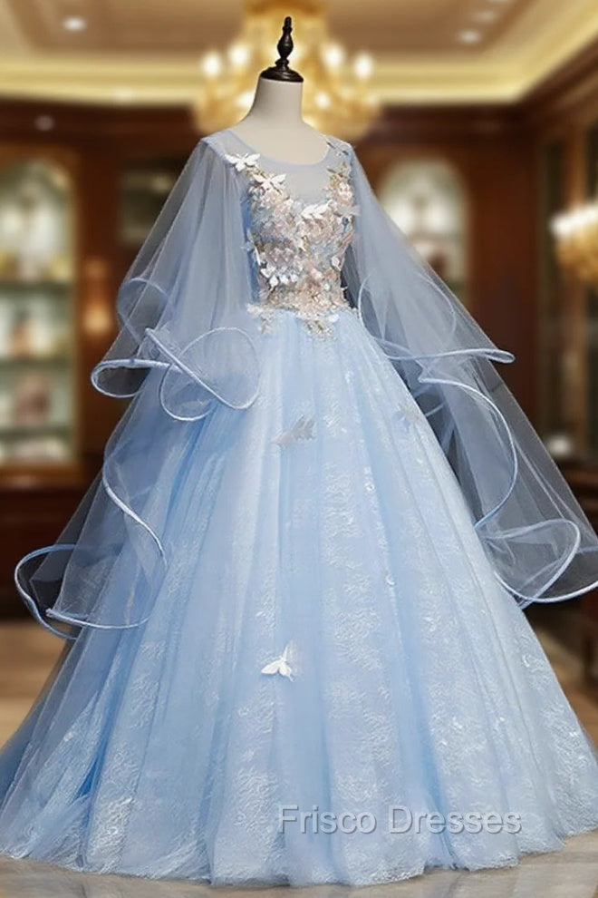 Blue Round Neck Tulle Lace Long Formal Prom Dress, Blue Sweet 16 Dress Secondary image