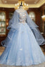 Blue Round Neck Tulle Lace Long Formal Prom Dress, Blue Sweet 16 Dress