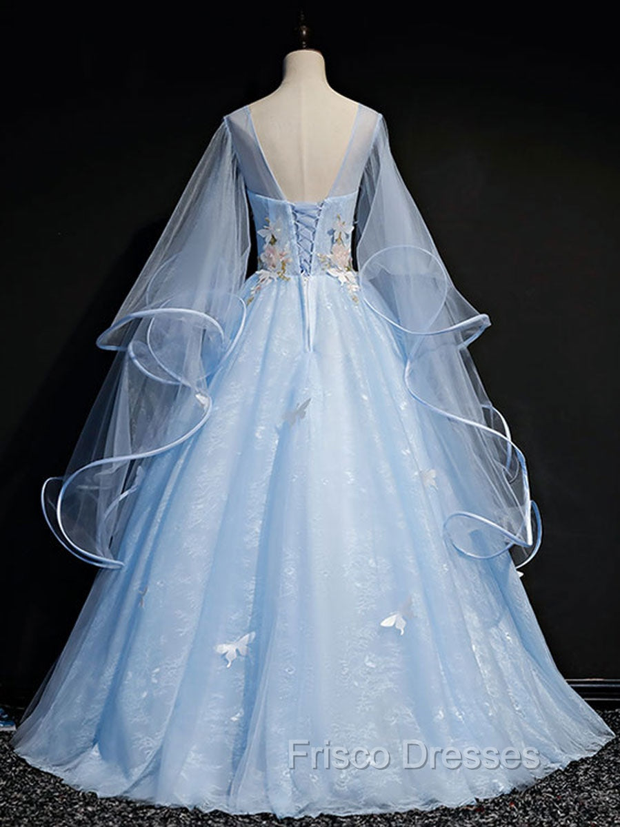 Blue Round Neck Tulle Lace Long Formal Prom Dress, Blue Sweet 16 Dress