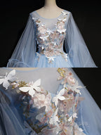 Blue Round Neck Tulle Lace Long Formal Prom Dress, Blue Sweet 16 Dress