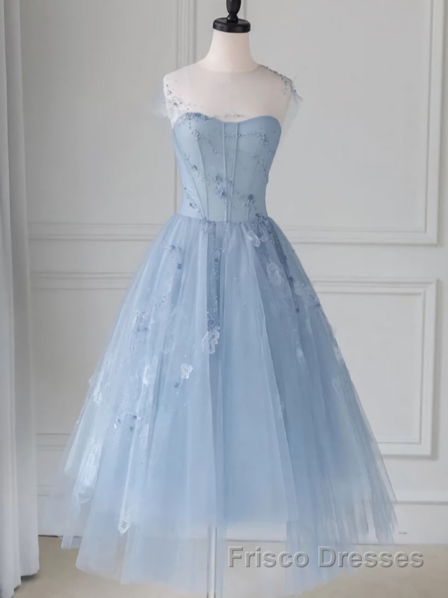 Blue round neck tulle lace short Formal Prom Dresses, blue homecoming Dresses Secondary image