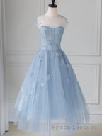 Blue round neck tulle lace short Formal Prom Dresses, blue homecoming Dresses