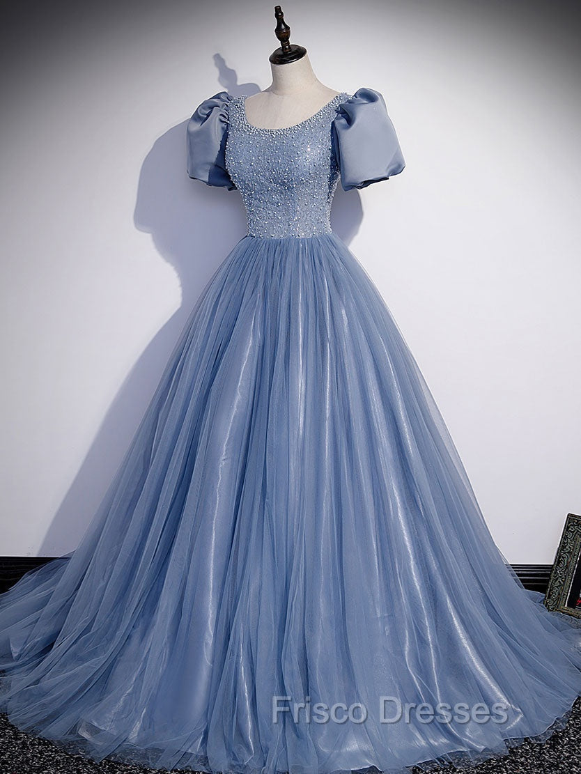 Blue Round Neck Tulle Sequin Beads Long Formal Prom Dress, Blue Evening Dress Secondary image