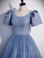 Blue Round Neck Tulle Sequin Beads Long Formal Prom Dress, Blue Evening Dress