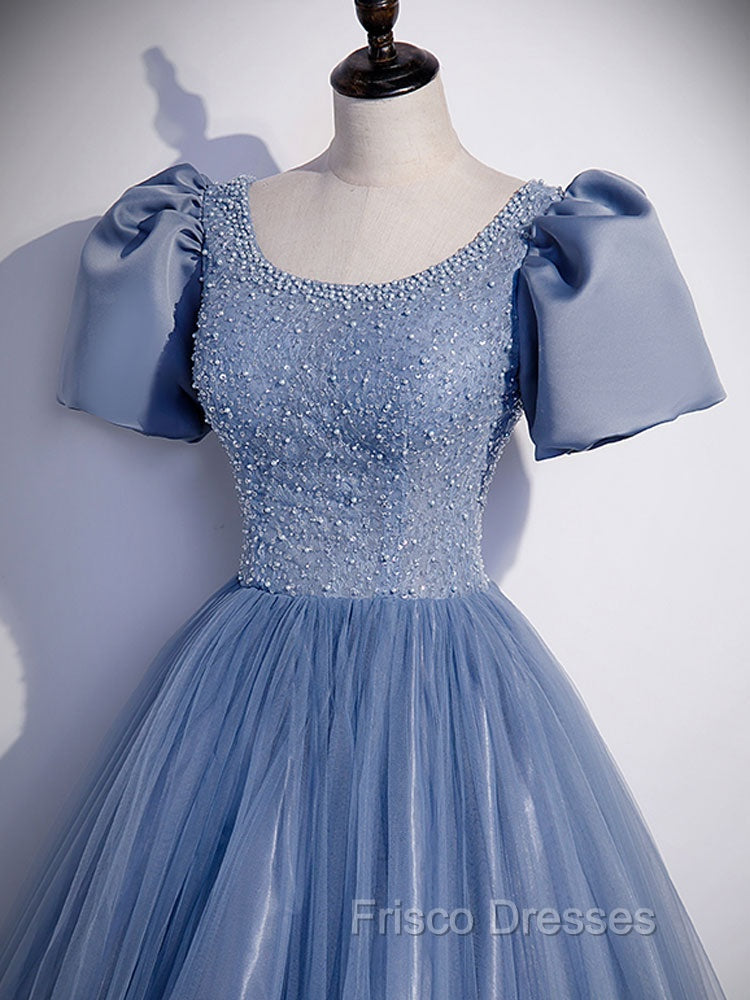 Blue Round Neck Tulle Sequin Beads Long Formal Prom Dress, Blue Evening Dress