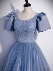 Blue Round Neck Tulle Sequin Beads Long Prom Dress, Blue Evening Dress
