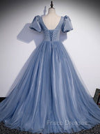 Blue Round Neck Tulle Sequin Beads Long Formal Prom Dress, Blue Evening Dress