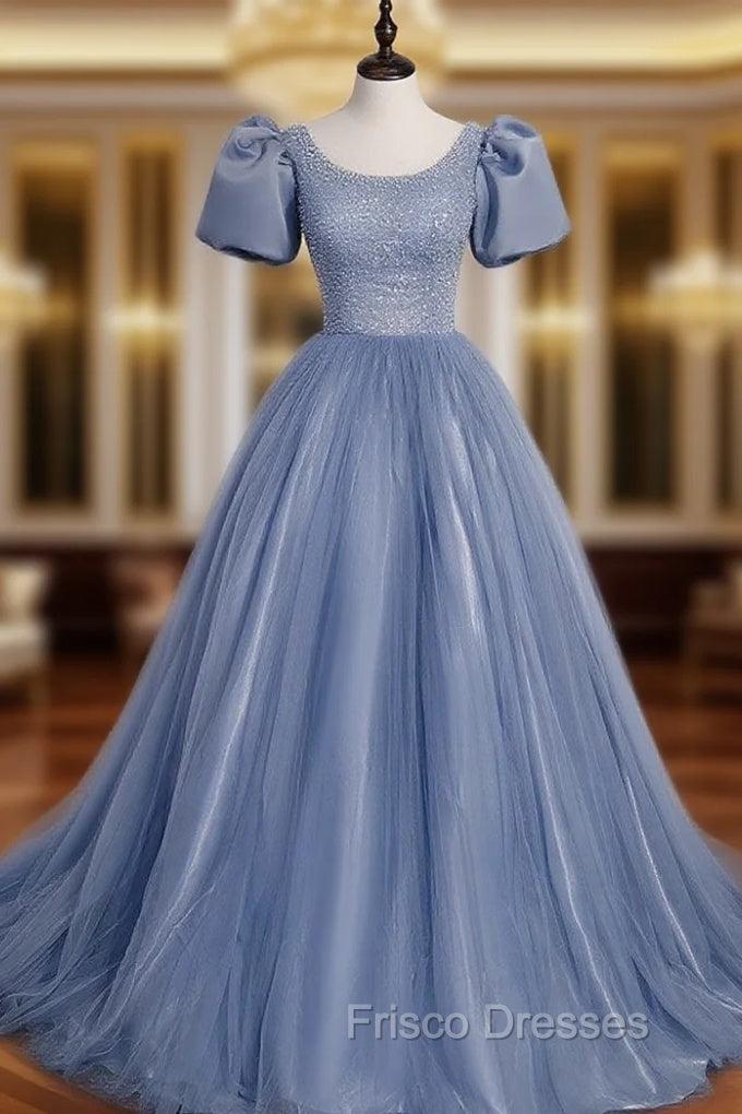 Blue Round Neck Tulle Sequin Beads Long Formal Prom Dress, Blue Evening Dress