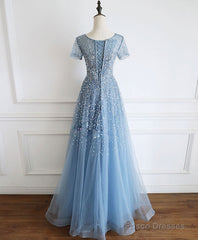Blue Round Neck Tulle Sequin Beads Long Prom Dress Blue Tulle Formal Dress