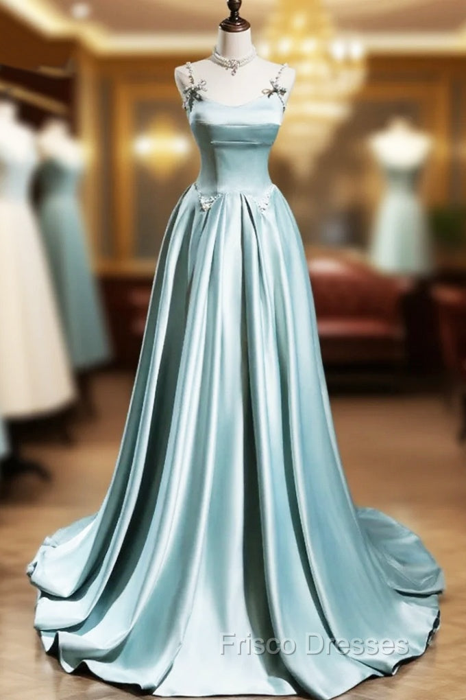 Blue Satin A-line Beaded Long Party Dress Formal Prom Dress, Blue Evening Dress Main image