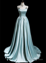 Blue Satin A-line Beaded Long Party Dress Prom Dress, Blue Evening Dress