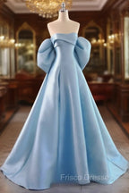 Blue Satin A-line Long Party Dress, Blue Satin Long Evening Dress Formal Prom Dress