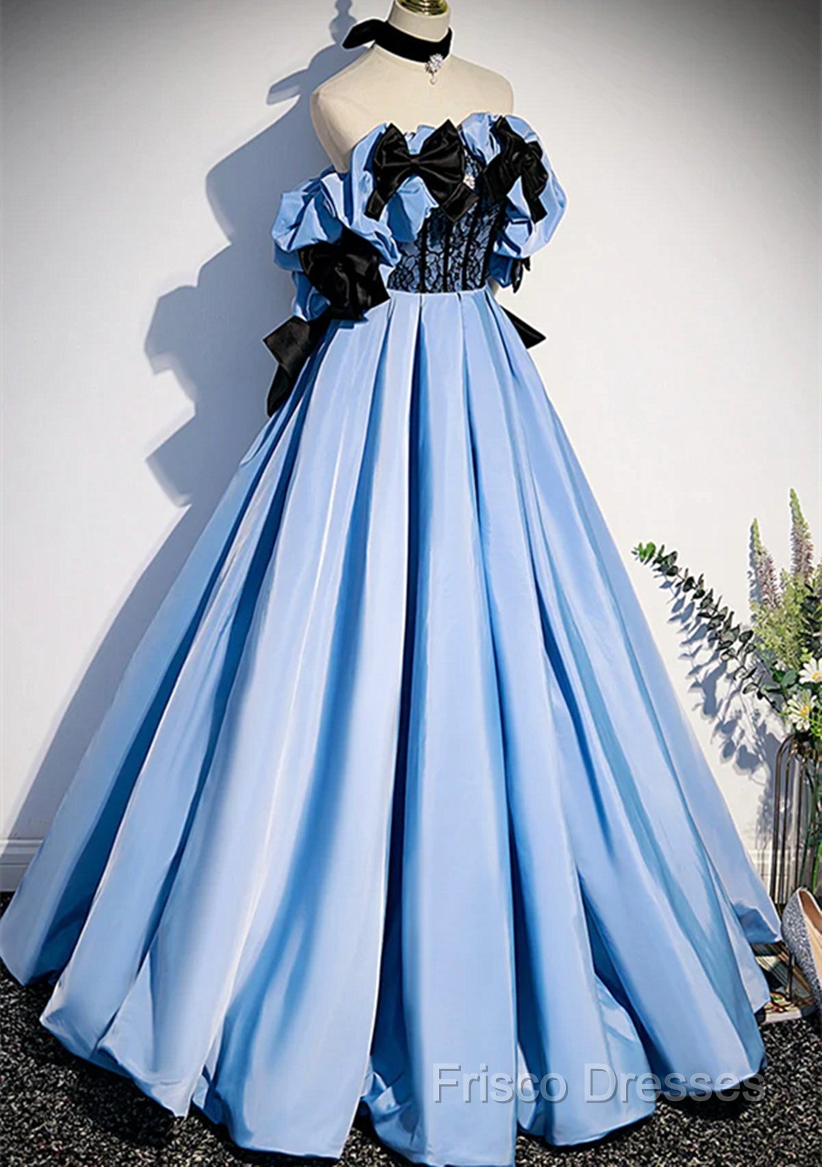 Blue Satin A-Line Long Formal Prom Dress With Black Bow, Off The Shoulder Blue Long Party Dress Secondary image
