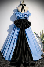 Blue Satin A-Line Long Formal Prom Dress With Black Bow, Off The Shoulder Blue Long Party Dress