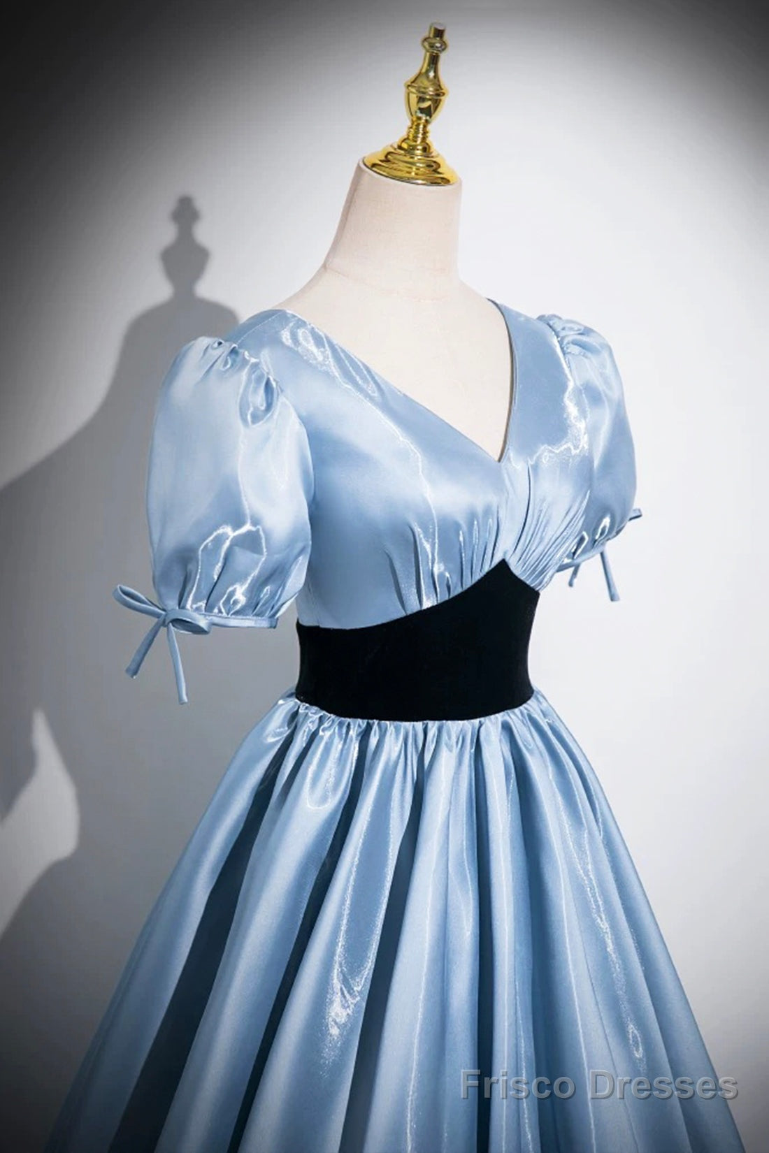 Blue Satin And Black Velvet Long Prom Dress, A-Line V-Neck Short Sleeve Evening Dress Secondary image