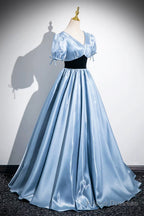 Blue Satin And Black Velvet Long Prom Dress, A-Line V-Neck Short Sleeve Evening Dress
