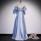 Blue Satin Beaded A-Line Long Party Dress, Blue Formal Prom Party Dress Formal Dress