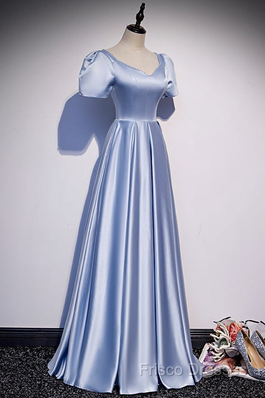Blue Satin Beaded A-Line Long Party Dress, Blue Formal Prom Party Dress Formal Dress