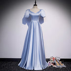 Blue Satin Beaded A-Line Long Party Dress, Blue Formal Prom Party Dress Formal Dress
