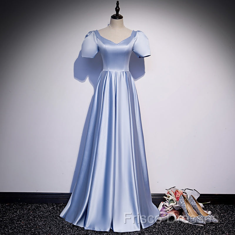 Blue Satin Beaded A-Line Long Party Dress, Blue Formal Prom Party Dress Formal Dress