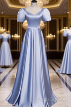 Blue Satin Beaded A-Line Long Party Dress, Blue Formal Prom Party Dress Formal Dress