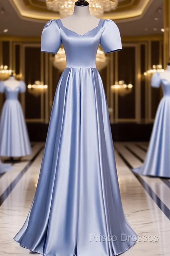 Blue Satin Beaded A-Line Long Party Dress, Blue Formal Prom Party Dress Formal Dress