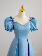 Blue Satin Beaded Floor Length Formal Prom Dress, Blue A-Line Short Sleeve Formal Dress
