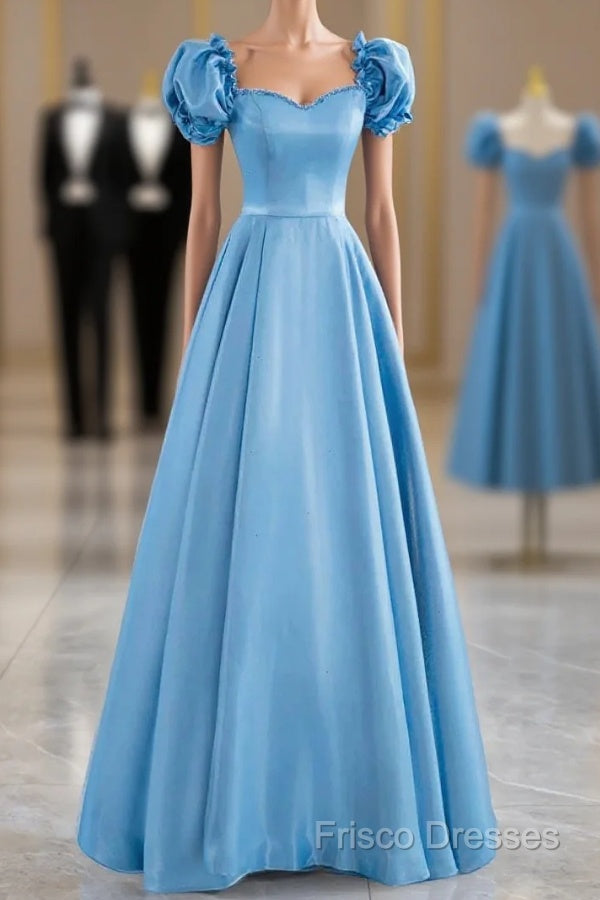 Blue Satin Beaded Floor Length Formal Prom Dress, Blue A-Line Short Sleeve Formal Dress Main image