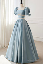 Blue Satin Beaded Long Prom Dress, Blue Short Sleeve Evening Dress