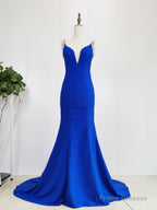 Blue Satin Beads Long Mermaid Prom Dress Blue Formal Dress
