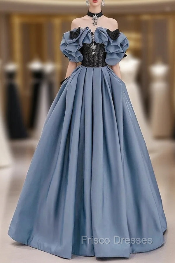 Blue Satin Black Lace Strapless Formal Prom Dress