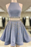 Blue Satin Crystal Beaded Skirt Two Piece Short Homecoming Dress