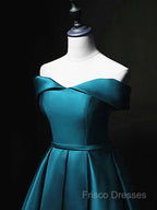 Blue Satin Cute Knee Length Short Formal Prom Dress Homecoming Dress, Off Shoulder Formal Dress