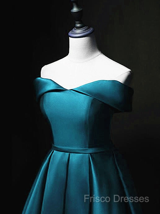 Blue Satin Cute Knee Length Short Formal Prom Dress Homecoming Dress, Off Shoulder Formal Dress