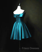 Blue Satin Cute Knee Length Short Formal Prom Dress Homecoming Dress, Off Shoulder Formal Dress