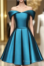 Blue Satin Cute Knee Length Short Formal Prom Dress Homecoming Dress, Off Shoulder Formal Dress