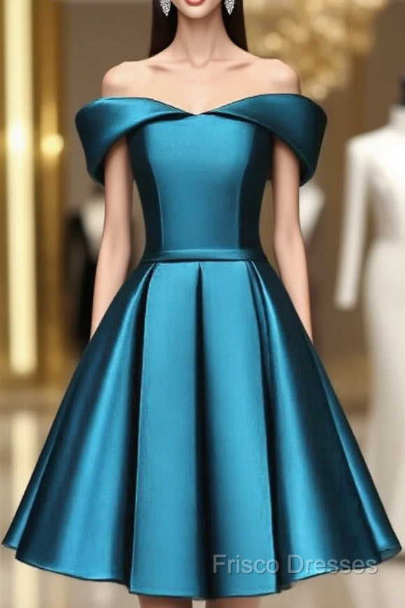 Blue Satin Cute Knee Length Short Formal Prom Dress Homecoming Dress, Off Shoulder Formal Dress