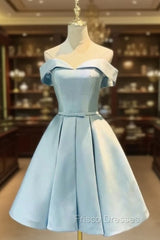 Blue Satin Cute Short Homecoming Dress, Off Shoulder Party Dress