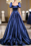 Blue Satin Floor Length Formal Dress, Elegant Off The Shoulder Evening Party Dress