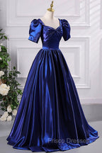 Blue Satin Floor Length Formal Prom Dress, A-Line Short Sleeve Backless Evening Party Dress