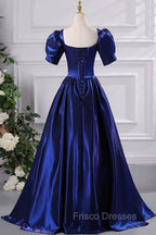 Blue Satin Floor Length Formal Prom Dress, A-Line Short Sleeve Backless Evening Party Dress
