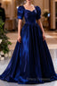 Blue Satin Floor Length Formal Prom Dress, A-Line Short Sleeve Backless Evening Party Dress