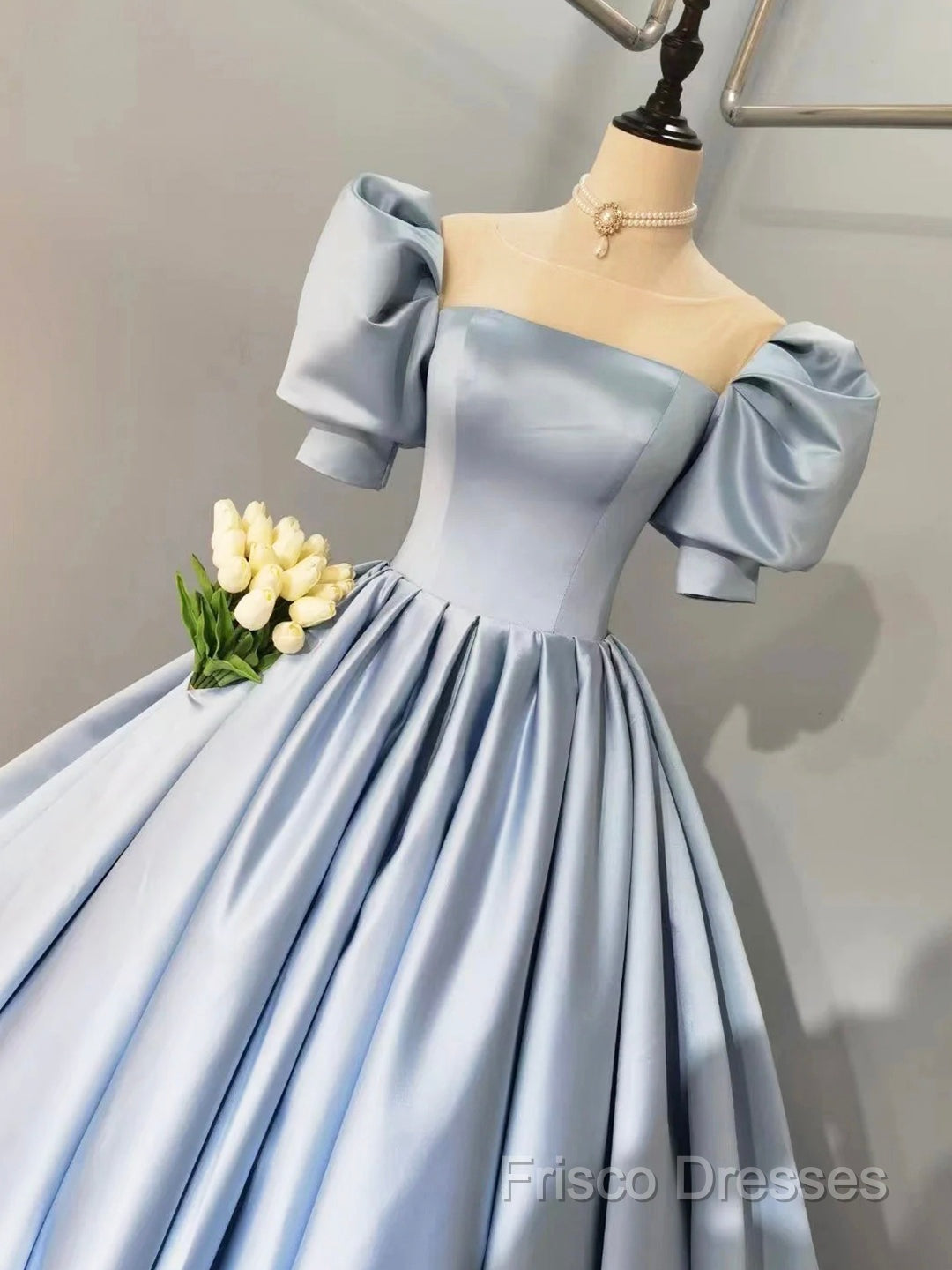 Blue Satin Floor Length Formal Prom Dress, A-Line Short Sleeve Formal Party Dress