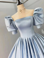 Blue Satin Floor Length Formal Prom Dress, A-Line Short Sleeve Formal Party Dress