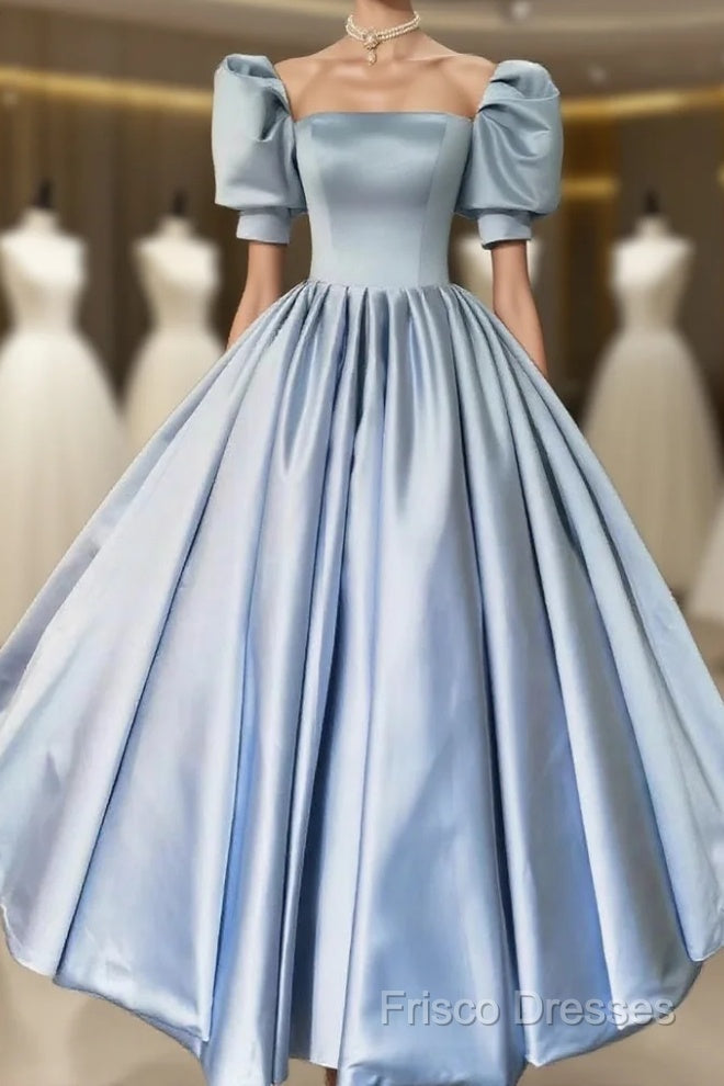 Blue Satin Floor Length Formal Prom Dress, A-Line Short Sleeve Formal Party Dress
