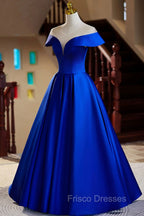 Blue Satin Floor Length Formal Prom Dress, Elegant A-Line Evening Party Dress