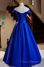 Blue Satin Floor Length Formal Prom Dress, Elegant A-Line Evening Party Dress