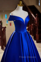 Blue Satin Floor Length Formal Prom Dress, Elegant A-Line Evening Party Dress